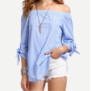 Anthropology J.O.A. Blue/White Striped Off-Shoulder Blouse